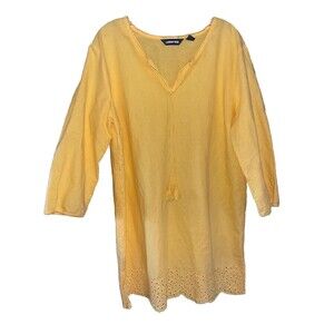 Lands End Yellow SWIM Cover Up Size XL/18 Linen Blend Eyelet  Tassel Tie Neck